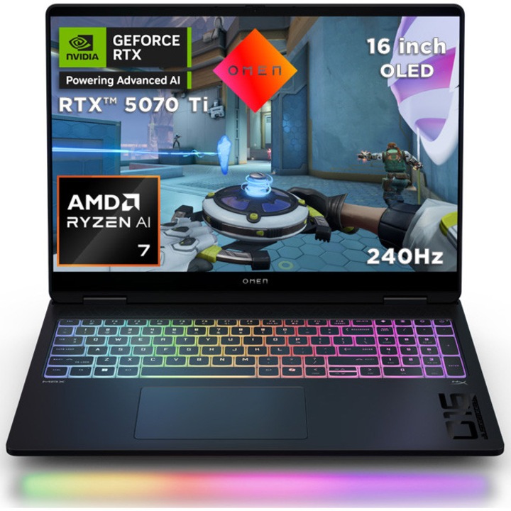 Laptop Gaming HP OMEN MAX 16-ak0008nn cu procesor AMD Ryzen™ AI 7 H 350 pana la 5.0GHz, 16", WQXGA, 240Hz, IPS, 32GB DDR5 RAM, 1TB SSD, NVIDIA® GeForce RTX™ 5070 Ti 12GB GDDR7, Free DOS, Shadow black