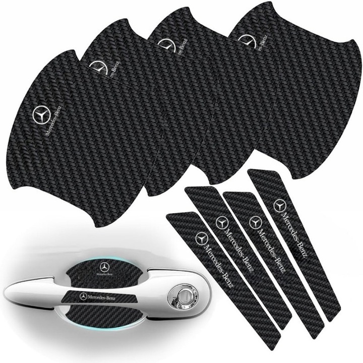 ARRRD® Set 8 protectii pentru manerele usilor auto, negru, cu efect de stralucire in intuneric, instalare usoara, Model Mercedes Benz