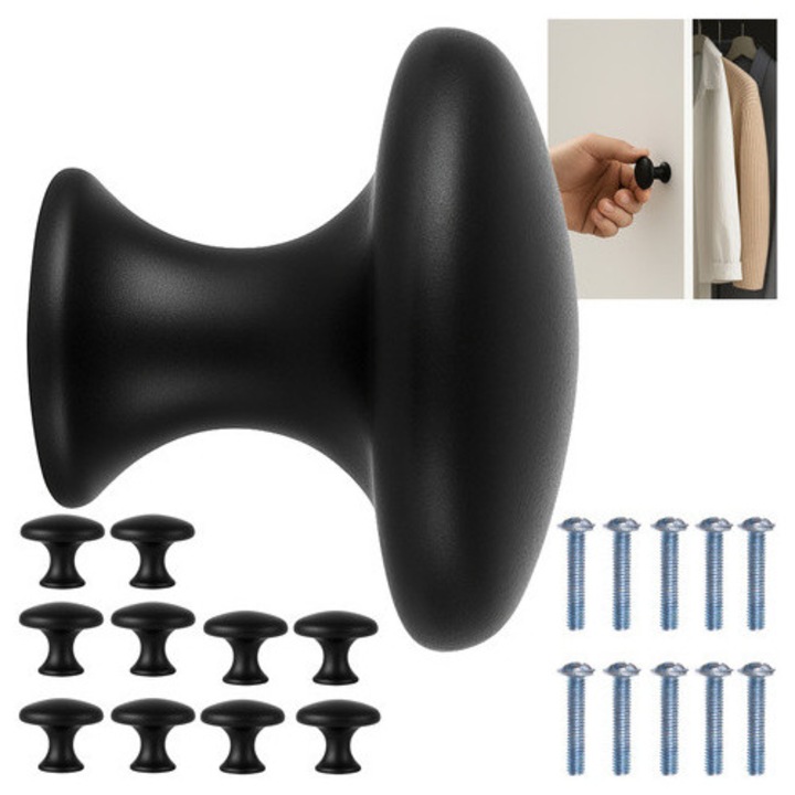 Set 10 manere pentru mobilier, Zola, versatile, pentru usi si sertare, accesorii montare incluse, 3 x 2.6 cm, negru mat