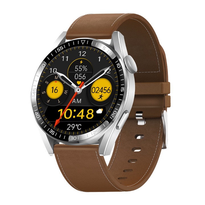 Bratara inteligenta Ceas HAGAETHI® Pro95, Ecran 1.32 inch, Apeluri Bluetooth, Monitorizare Sanatate si Sport, Android/IOS, Incarcare fara fir, IP67, Curea piele, Fotografii la distanta, Maro/Argintie