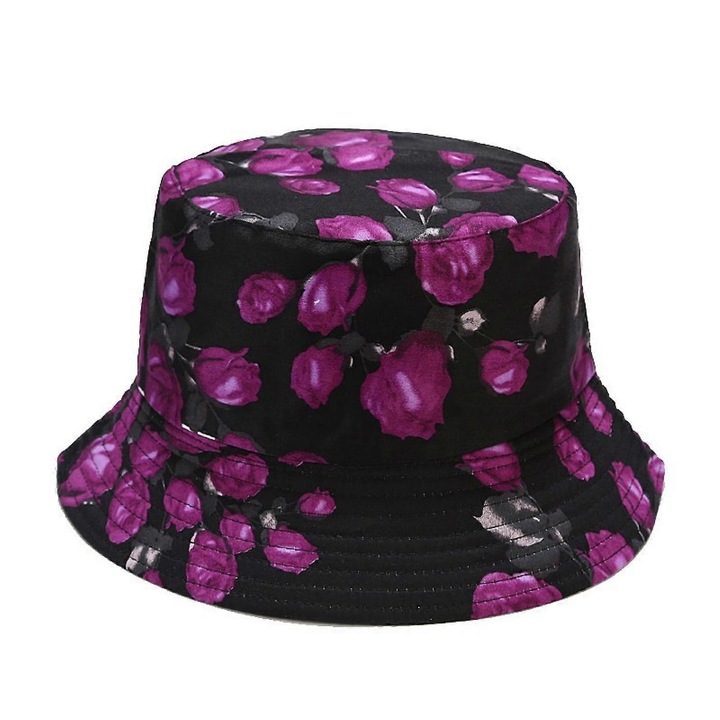 Palarie draguta de plaja, tip pescar, pentru femei, cu doua fete reversibile, roz violet