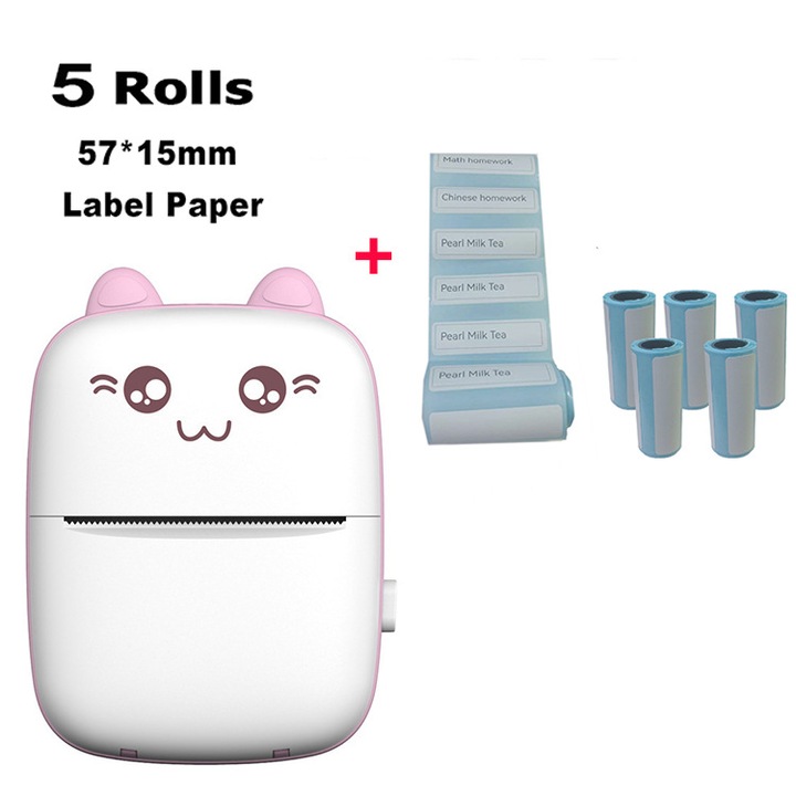 Mini termikus nyomtató K0276-2026826-022, Bluetooth, 200 DPI, fekete-fehér tintamentes nyomtatás, 1200 mAh akkumulátor, fehér/rózsaszín, 5 tekercs 57 x 25 mm papírral