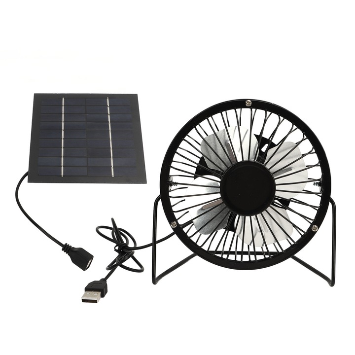 Ventilator cu panou solar, 5W, 15cm, USB, pentru exterior