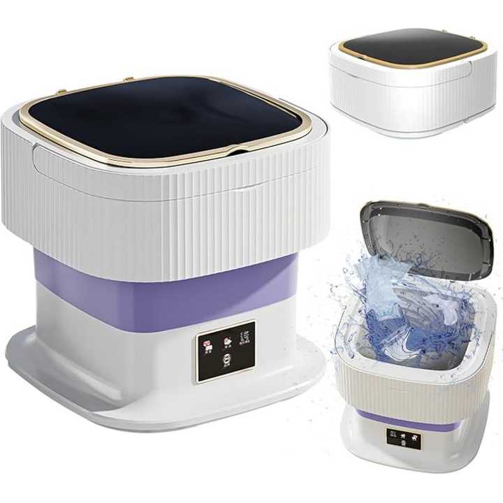 Преносима пералня, голям капацитет 11.5л, бяло-лилава, размери 29.5x29.5x30см, сгъваема, идеална за пътуване, къмпинг, апартамент.