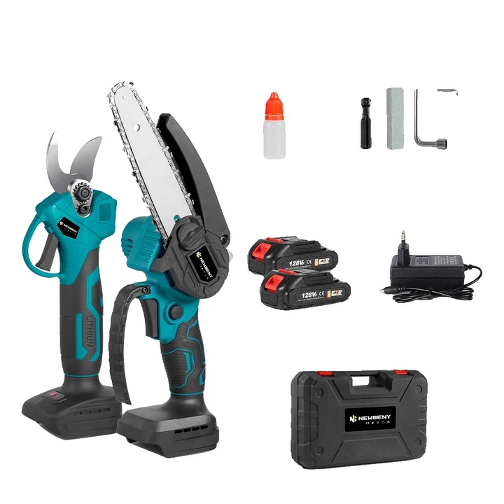 Foarfeci de gradinarit, 2x set baterii, design ergonomic, motor fara perii, lama din otel carbon, dimensiuni 3.0 cm