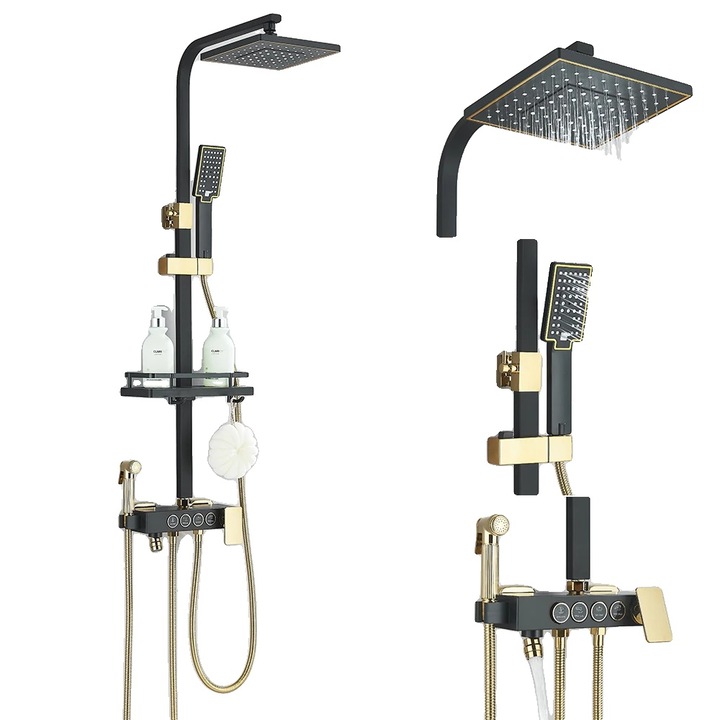 Baterie sanitara, design contemporan, constructie din alama durabila, negru auriu, instalare ajustabila