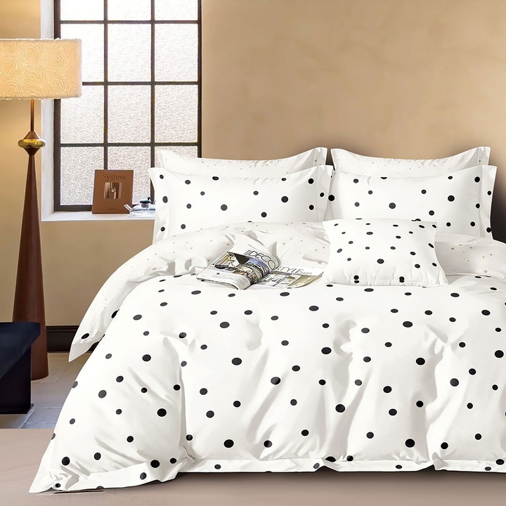 Lenjerie pat dublu Percalle imprimat Bumbac 100%, 4 piese, cearsaf pat 240x260 cm, pilota 200x230 cm, 2 fete perna 50x70 cm, Buline Alb / Negru, Pucioasa