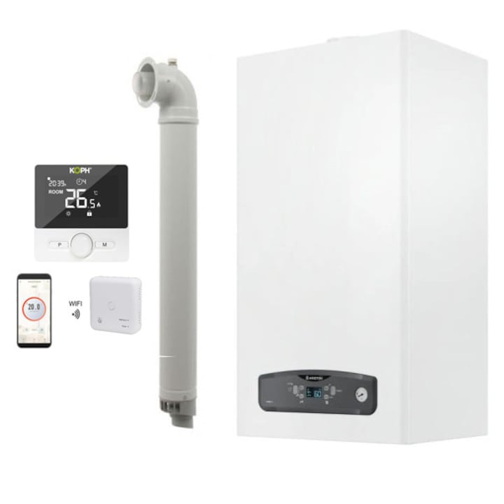Centrala termică Ariston Cares S, 24 kW, schimbător inox, kit evacuare, termostat inteligent KOPH WT-25, control WIFI