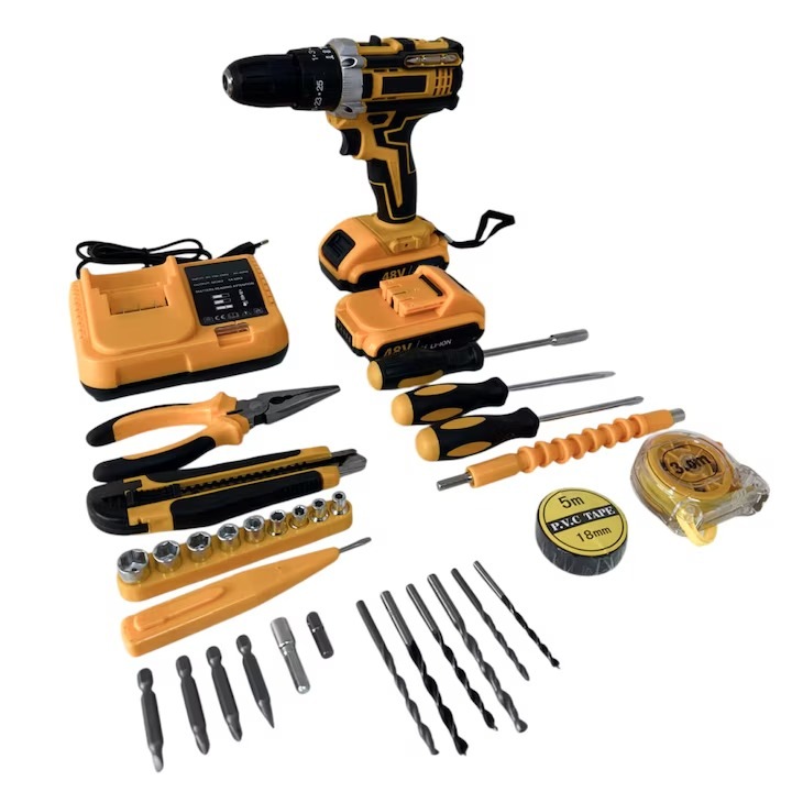 Trusa Bormasina cu Percutie, Autofiletanta, Portabila cu 30 Accesorii, 2 Acumulatori 48V, Cutie Transport Inclusa, Negru-Galben