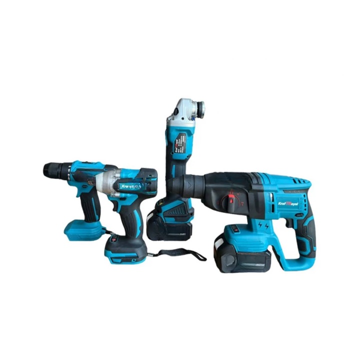 Set Profesional 4-in-1: Masina de Gaurit cu Impact + Surubelnita Electrica + Polizor Unghiular + Ciocan RotoPercutor, cu 2 Acumulatori 36V 8Ah