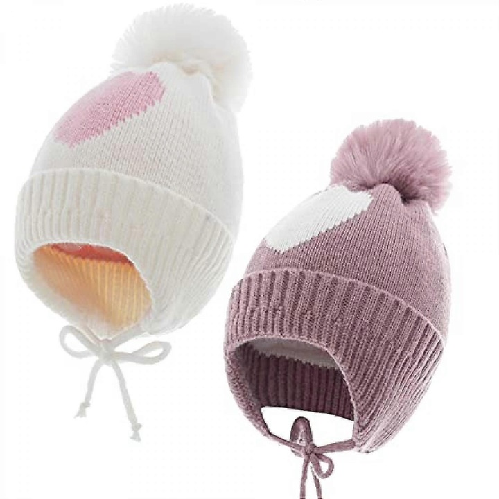Sapka lányoknak, meleg kötött téli sapka csecsemőknek, meleg téli sapka lányoknak 2 db - fehér rózsaszín