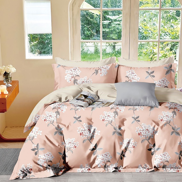 Lenjerie pat dublu Percalle imprimat Bumbac 100%, 4 piese, cearsaf pat 240x260 cm, pilota 200x230 cm, 2 fete perna 50x70 cm, Flori Alb / Portocaliu, Pucioasa PRC185