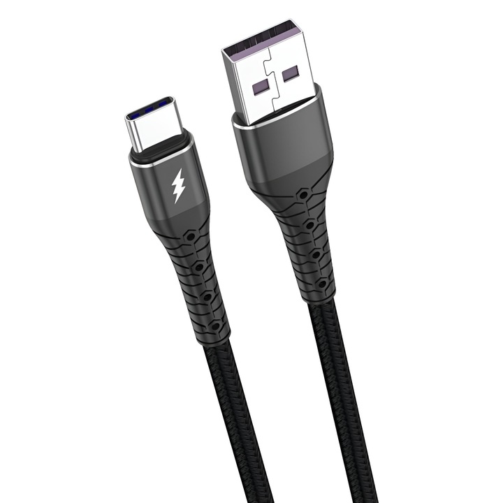Cablu de incarcare textil Type-C, 60W, DaDen, 1m, Negru, reszistent, incarcare rapida, fast charge, USB la USB-C