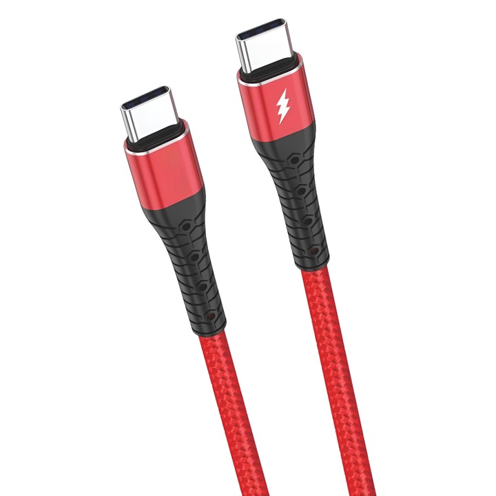 Cablu Type-C, 60W, DaDen, 1m, Rosu, reszistent, incarcare rapida, fast charge, USB-C la USB-C