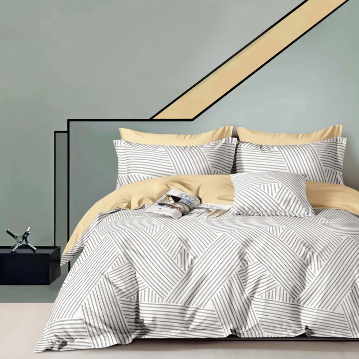 Lenjerie pat dublu Percalle imprimat Bumbac 100%, 4 piese, cearsaf pat 240x260 cm, pilota 200x230 cm, 2 fete perna 50x70 cm, Moderna Alb / Maro, Pucioasa PRC184