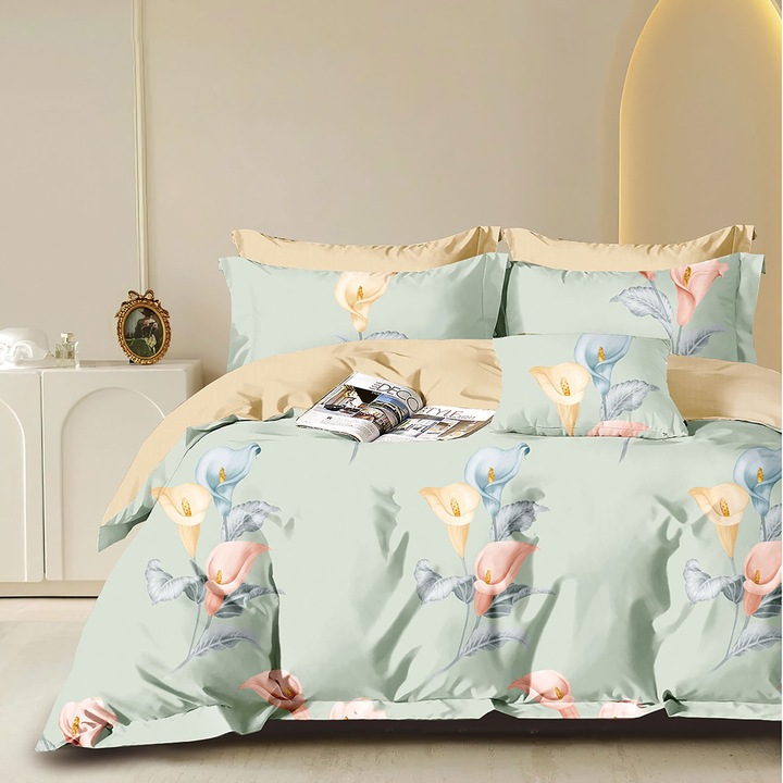 Lenjerie pat dublu Percalle imprimat Bumbac 100%, 4 piese, cearsaf pat 240x260 cm, pilota 200x230 cm, 2 fete perna 50x70 cm, Cale Galben / Verde, Pucioasa