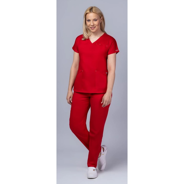 Costum medical de dama, bluza si pantalon, Slim Fit, New AMBRA, Rosu, 2XL