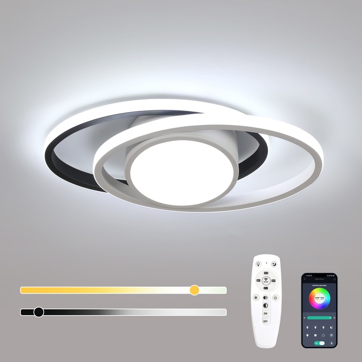 LED таванна лампа, Toolight, бяла+черна, кръгла, 39W, 4387LM, 38×17×6см, безстепенно регулиране с дистанционно управление, 3000K-6500K