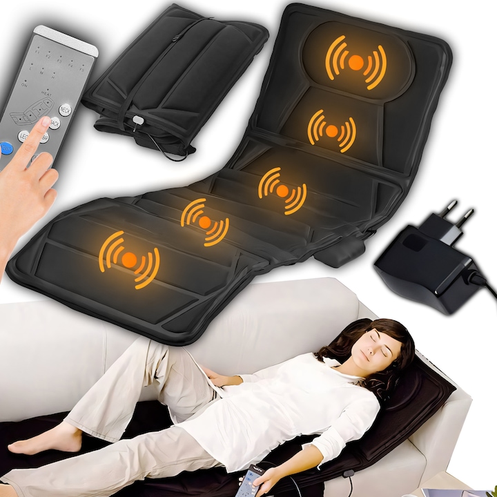 Saltea de Masaj Malatec RETOO HomeSmart, 18W, 2 Zone de Incalzire, 4 Zone de Masaj, 3 Niveluri de Intensitate, 5 Tipuri de Masaj, 12 Motoare cu Vibratii, Functie de Incalzire, 100-240 V, Negru