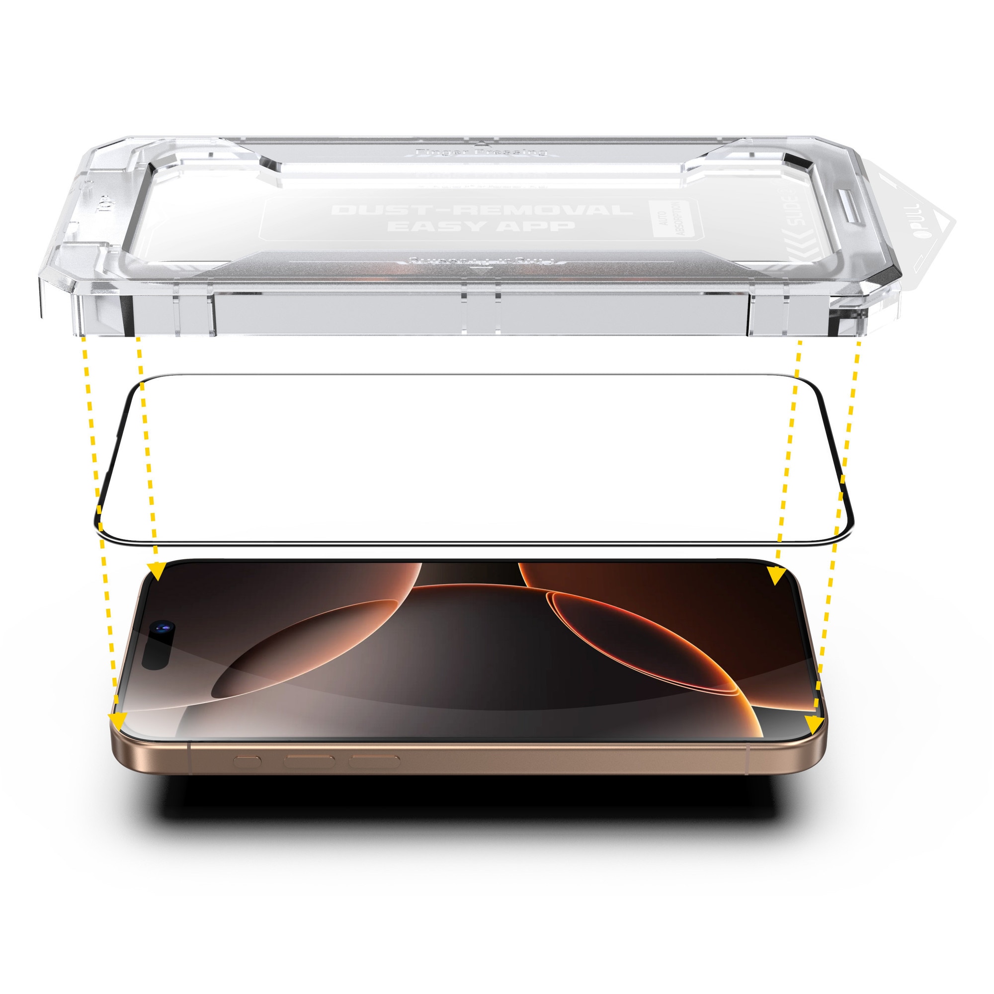 Folie sticla pentru Iphone 15 Pro, Sticla securizata B Series, Anti-amprenta, Anti-Static Flexibila, Margini Negre Aluminiu, Strat Oleofob 6.1", instalare usoara, rapida cu dispozitiv de potrivire automata, Easy Install Kit, protectie telefon, RikBo®