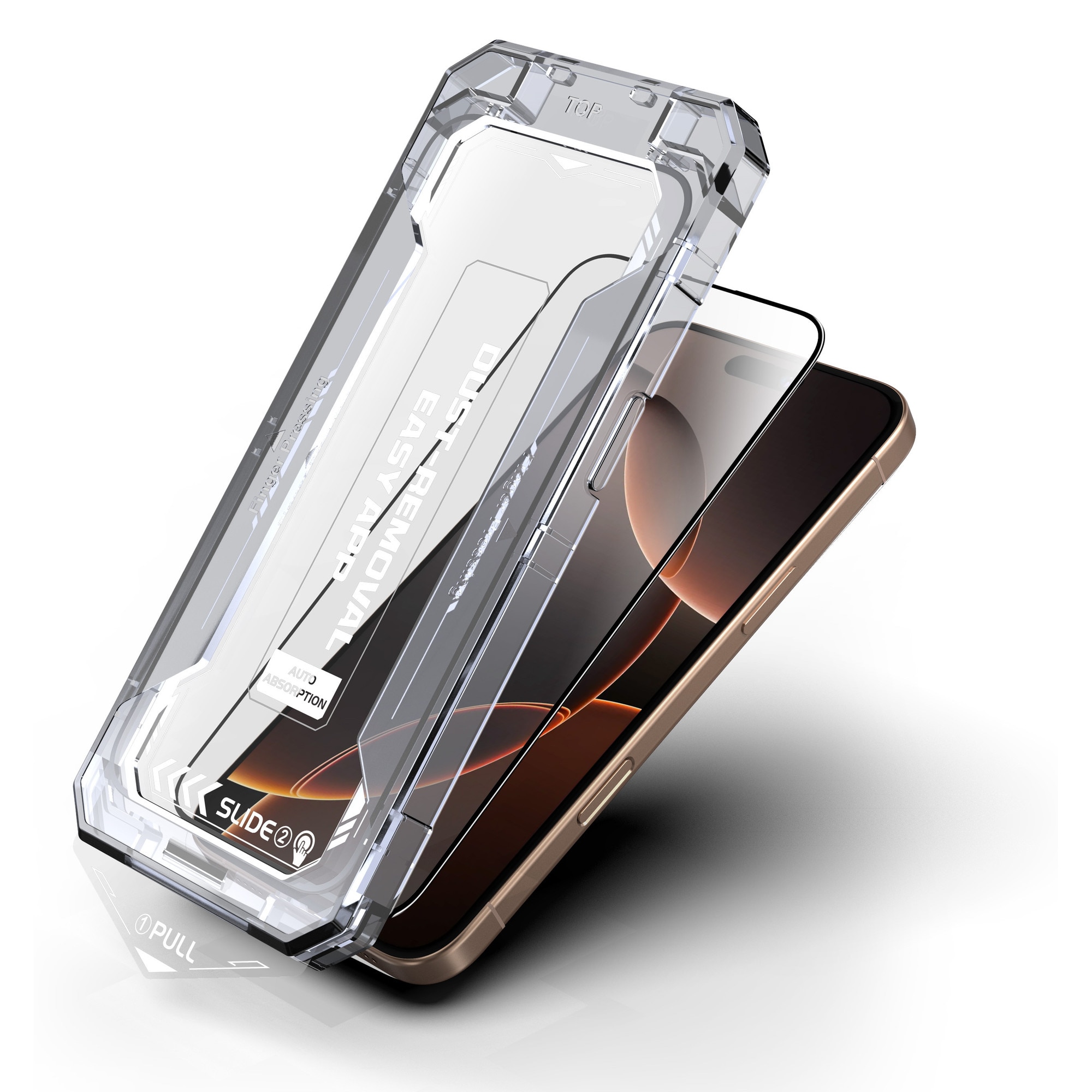 Folie sticla pentru Iphone 15 Pro, Sticla securizata B Series, Anti-amprenta, Anti-Static Flexibila, Margini Negre Aluminiu, Strat Oleofob 6.1", instalare usoara, rapida cu dispozitiv de potrivire automata, Easy Install Kit, protectie telefon, RikBo®
