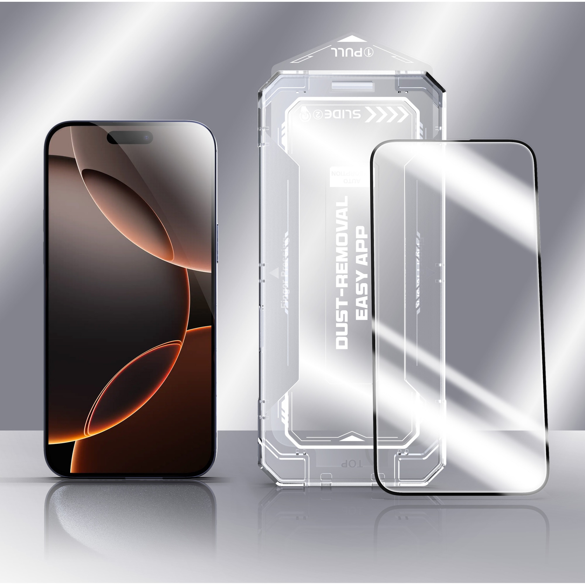 Folie sticla pentru Iphone 15 Pro, Sticla securizata B Series, Anti-amprenta, Anti-Static Flexibila, Margini Negre Aluminiu, Strat Oleofob 6.1", instalare usoara, rapida cu dispozitiv de potrivire automata, Easy Install Kit, protectie telefon, RikBo®