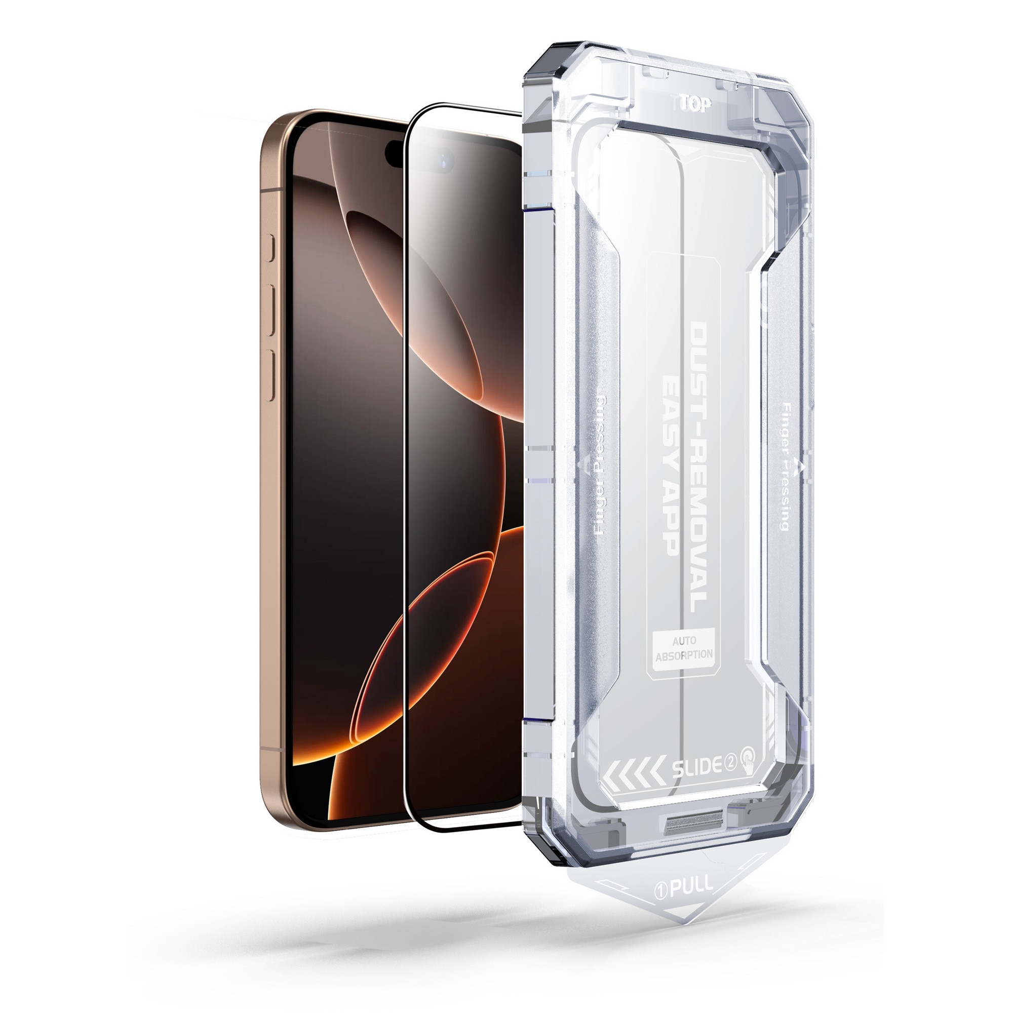 Folie sticla pentru Iphone 15 Pro, Sticla securizata B Series, Anti-amprenta, Anti-Static Flexibila, Margini Negre Aluminiu, Strat Oleofob 6.1", instalare usoara, rapida cu dispozitiv de potrivire automata, Easy Install Kit, protectie telefon, RikBo®