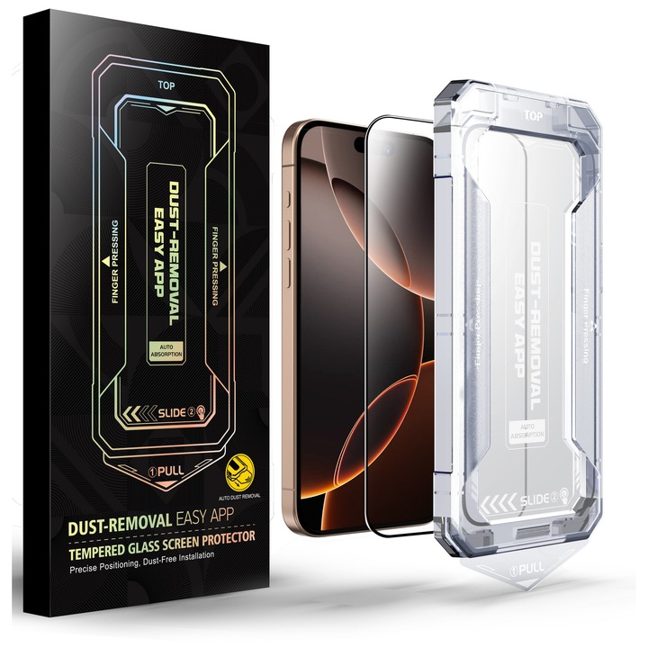 Folie sticla pentru Iphone 16 Pro, Sticla securizata B Series, Anti-amprenta, Anti-Static Flexibila, Margini Negre Aluminiu, Strat Oleofob 6.3", instalare usoara si rapida cu dispozitiv de potrivire automata, Easy Install Kit, protectie telefon, RikBo®