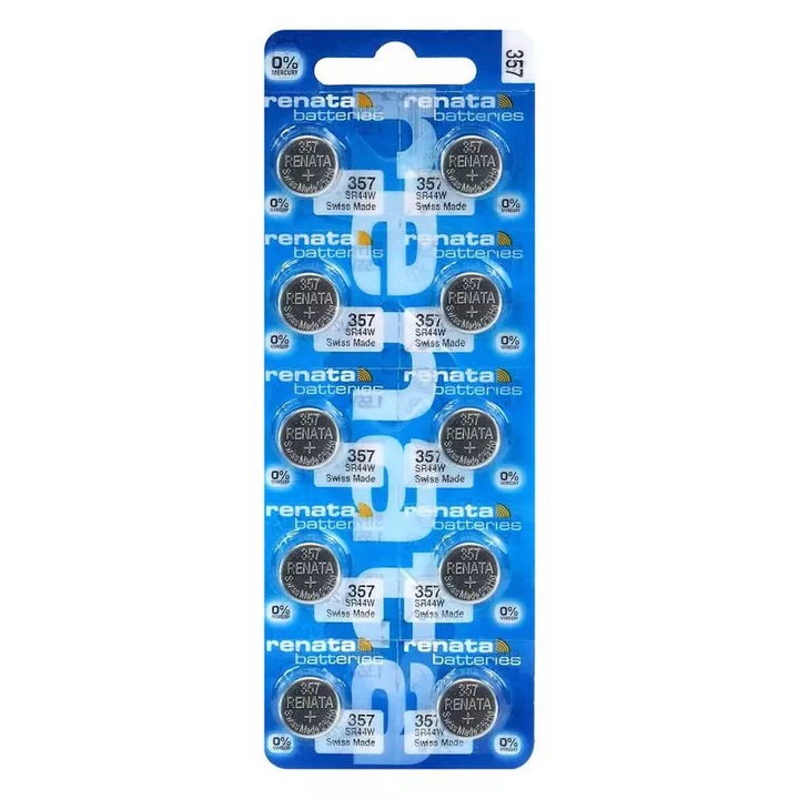Set 10 x Baterie ceas Renata Elvetia 357 / AG13 / SR44W / LR44 cu oxid Argint 1.55V 160mAh 11.6x5.4mm