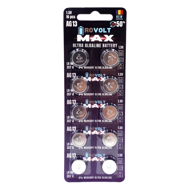 Rovolt AG13 alkáli elem, 10 darabos készlet, 1.5V, többszínű, 0.6x0.3x0.6cm