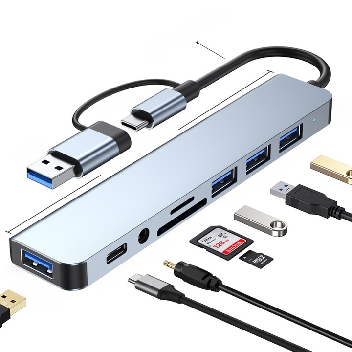 HAGAETHI USB-C multiport 8 az 1-ben HUB adapter, 3xUSB 2.0, Audio 3.5mm, szürke