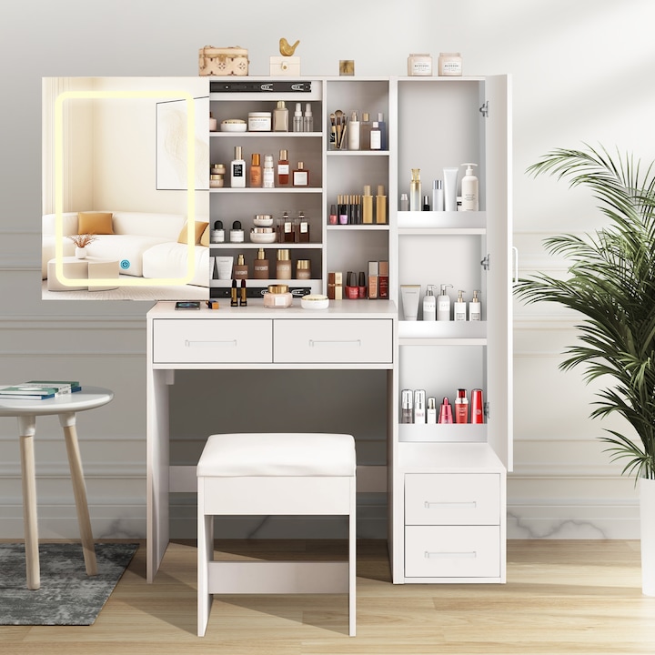 Тоалетка за грим, ORBER, 95 x 40 x 142 см, огледало с постоянно регулируемо LED осветление, чекмеджета, шкаф за съхранение, пейка за съхранение, бяло
