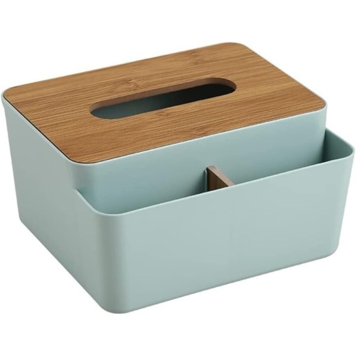 Кутия за органайзер за салфетки VarioShop®, с бамбуков капак, с отделение за малки предмети, за офис, баня, хол или спалня, модерен и елегантен дизайн, син