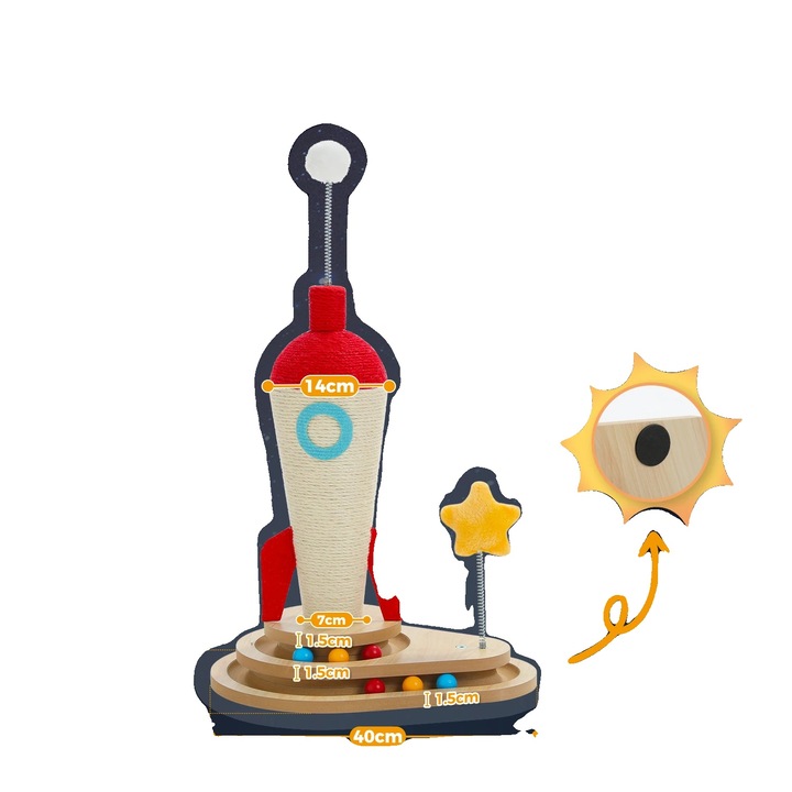 Stalp de zgariat pentru pisici, design racheta, jucarie interactiva inclusa, 63cm, 1 nivel