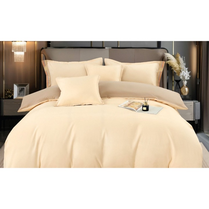 Lenjerie Pat Dublu, Bumbac Fin, Bicolor, 6 Piese, 2 Persoane, 230X250cm, Crem-Bej