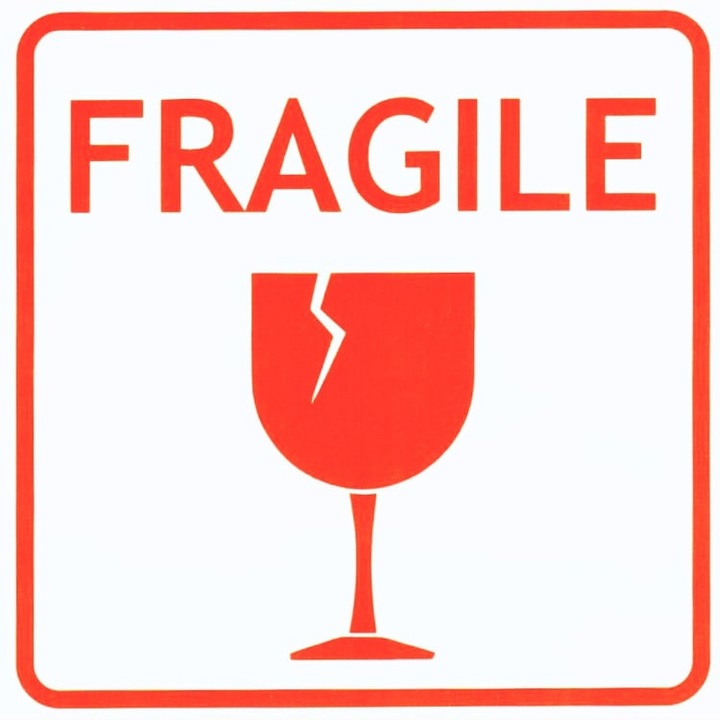 Самозалепващи се етикети с надписи за чупливост, 100x100 мм, бели/червени, 100 броя/ролка