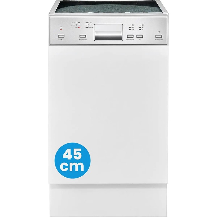 Masina de spalat vase Bomann, partial incorporabila, latime 45 cm, 10 seturi, 6 programe, mod Eco, pornire intarziata, mod pre-clatire, semnal sonor, temperatura curatare 40-65°C, 2 niveluri de pulverizare, indicator lipsa detergent, alb