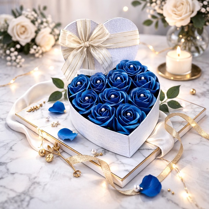 Aranjament floral Velve, cu 10 trandafiri de sapun, decorati cu cristale artizanale si accente stralucitoare, in cutie aspect inima. Albastru Inchis