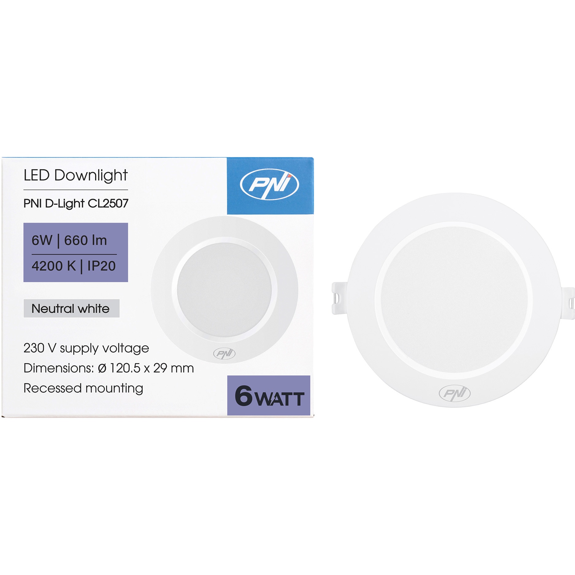 Spot LED PNI D-Light CL2507 6W, incastrabil, rotund 12 cm, 4200K, alimentare 230V, 660 lm, alb neutru