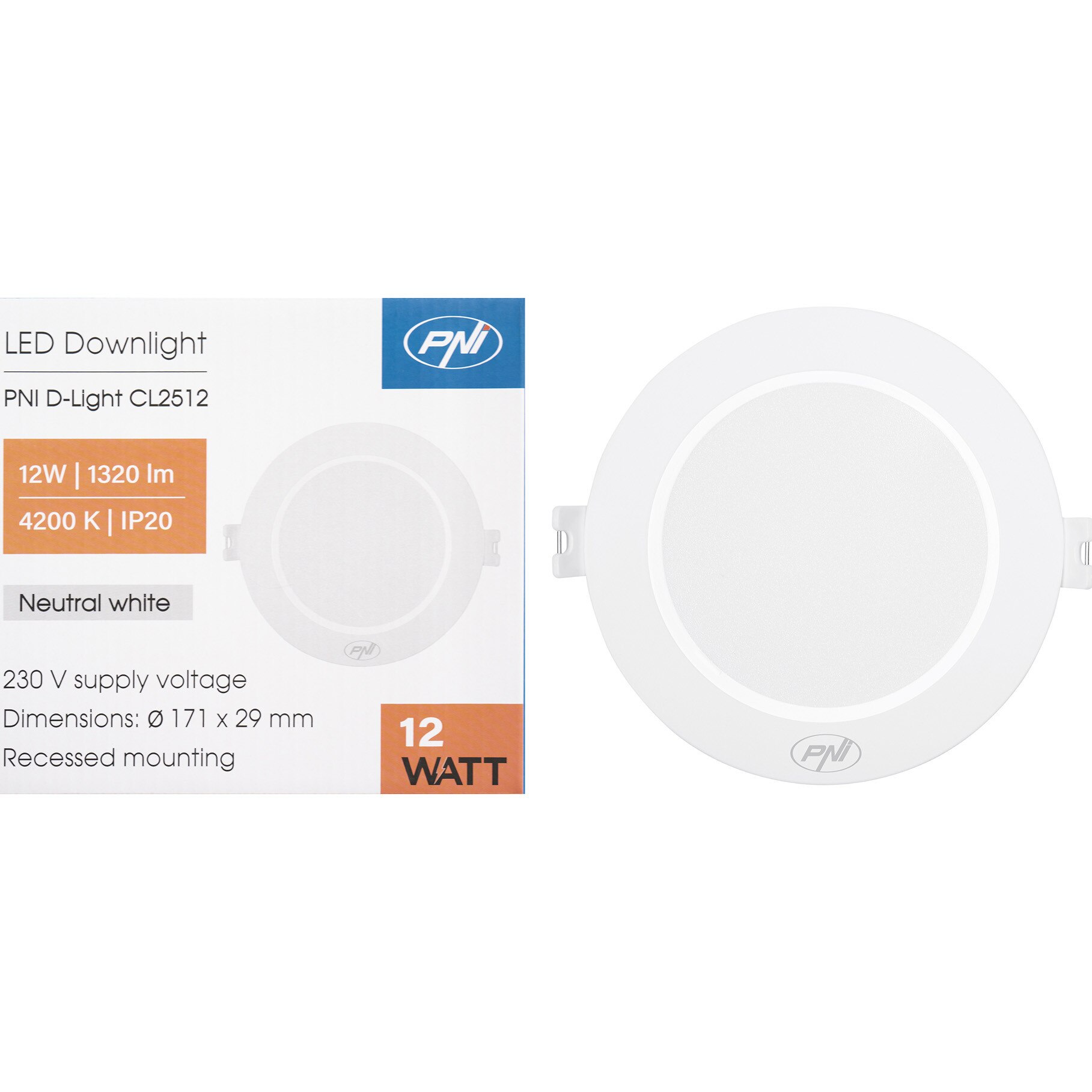 Spot LED PNI D-Light CL2512 12W, incastrabil, rotund 17 cm, 4200K, alimentare 230V, 1320 lm, alb neutru