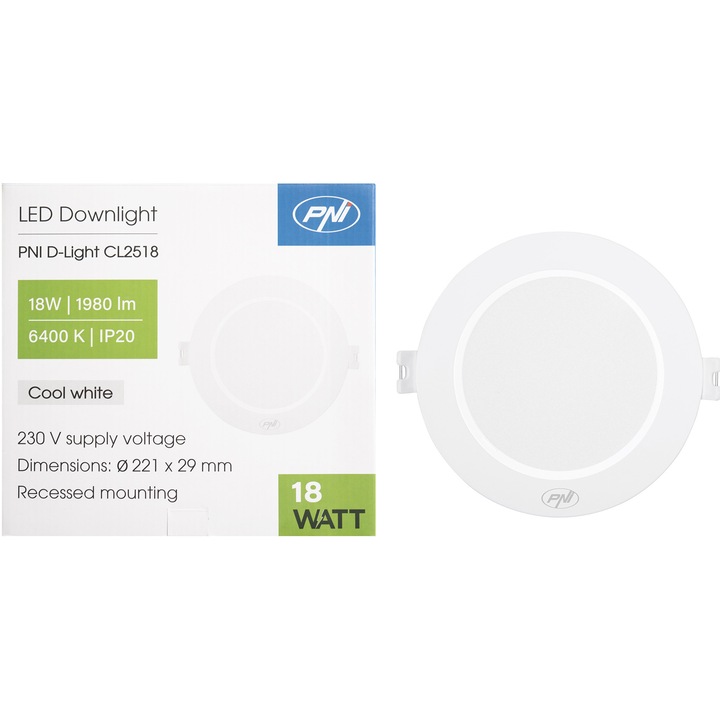 PNI D-Light CL2518 18W LED спот, вграден, кръгъл, 220.7*28.9 мм, 6400K, захранване 230V, 1980 lm, бял