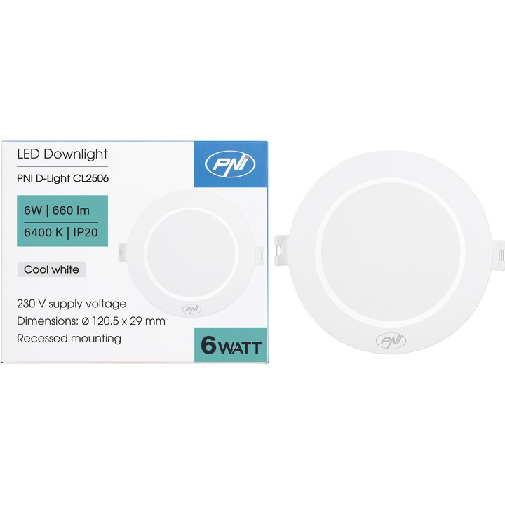 PNI D-Light CL2506 6W LED спот, вграден, кръгъл, 120.5*28.4 мм, 6400K, захранване 230V, 660 lm, бял