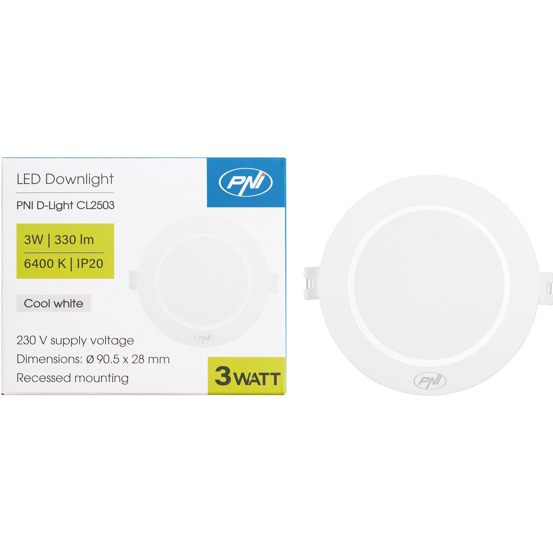 Spot LED PNI D-Light CL2503 3W, incastrabil, rotund 9 cm, 6400K, alimentare 230V, 330 lm, alb rece