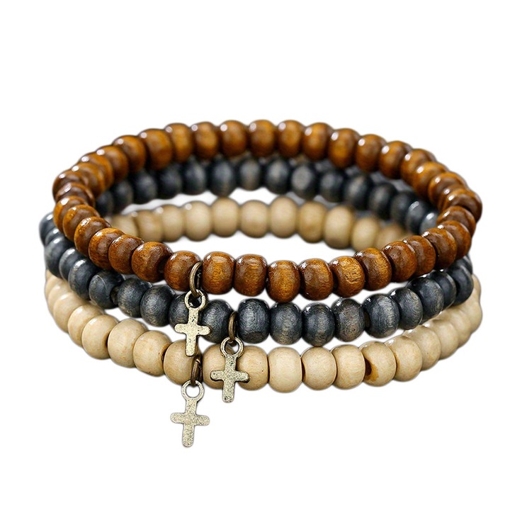 Bratara unisex, set 3 piese, model retro religios cu pandantiv cruce, tematica believer, reglabile, multicolor, EFAYN