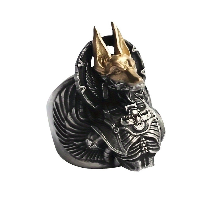 Inel unisex, model egiptean cu Anubis the God, tematica Guide of the Underworld, reglabil, argintiu deschis, EFAYN