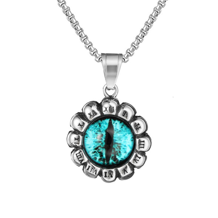 Lant unisex, pandantiv deosebit, model cu ochi de sticla si cifre romane, tematica evil eye, argintiu cu albastru, EFAYN
