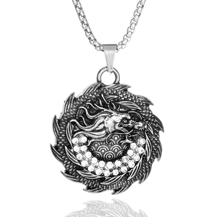 Lant unisex, pandantiv dragon cu cristale de sticla, model mitologic chinezesc, tematica sun dragon, argintiu, EFAYN