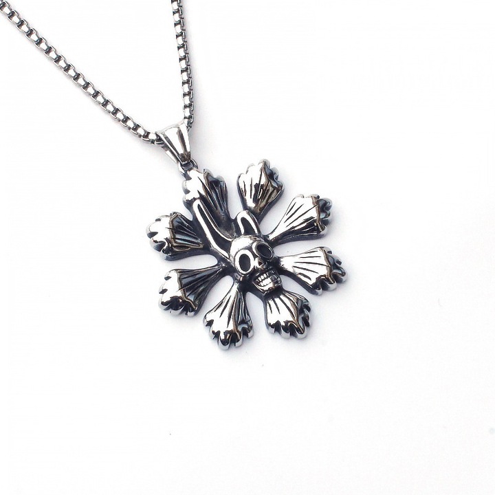 Lant unisex, pandantiv floare cu cap de schelet, model deosebit, tematica deadly flower, argintiu, EFAYN