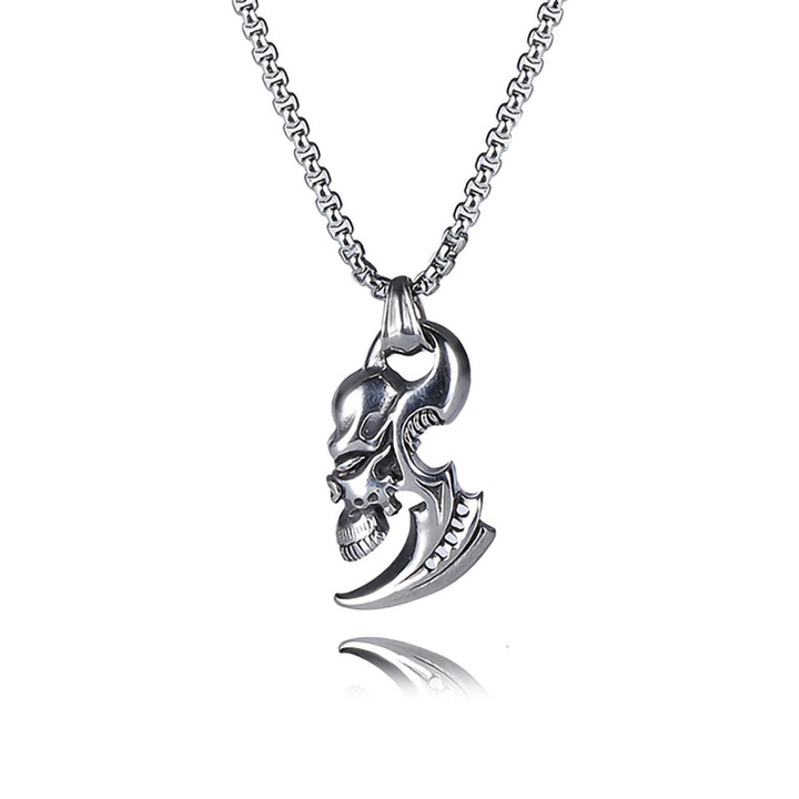 Lant unisex, pandantiv retro, model creativ cu fata de craniu, tematica deadly blade, argintiu, EFAYN