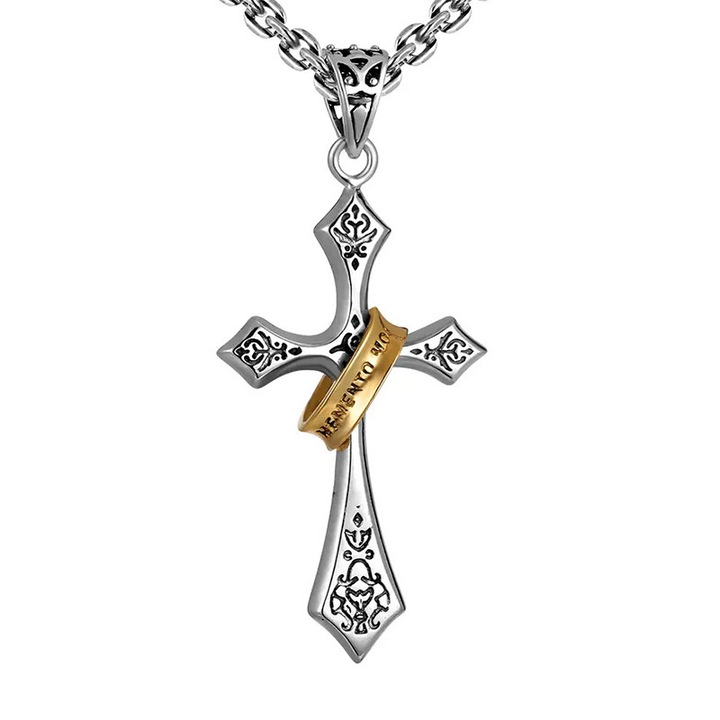 Lant unisex, pandantiv tip cruce, model special cu inel, tematica eternal bound, argintiu cu auriu, EFAYN